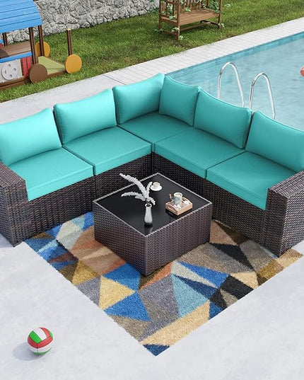 Kullavik 6PCS Outdoor Patio Furniture Set PE Wicker Rattan Sectional Sofa Patio Conversation Sets,Blue - LeafyLoom