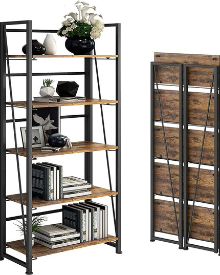 No-Assembly Folding Bookshelf Storage Shelves 5 Tiers Vintage Multifunctional Plant Flower Stand Storage Rack Shelves Bookcase for Home Office(Firestone and Black) - LeafyLoom