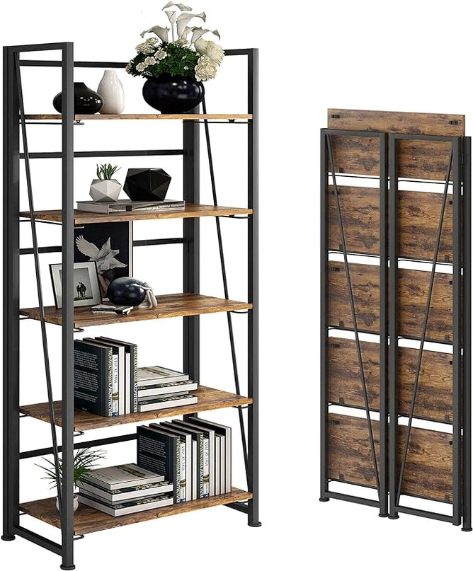 No-Assembly Folding Bookshelf Storage Shelves 5 Tiers Vintage Multifunctional Plant Flower Stand Storage Rack Shelves Bookcase for Home Office(Firestone and Black) - LeafyLoom