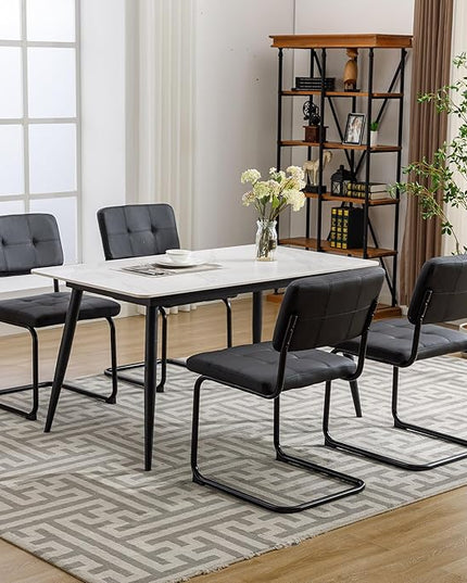 Forevich Mid Century Modern Dining Chairs Set of 4, Leather Kitchen Dining Room Side Chairs Upholstered Armless Accent Chairs with Metal Chrome Legs for Living Room, Bedroom Black - LeafyLoom