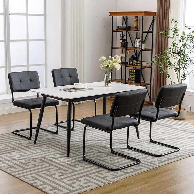 Forevich Mid Century Modern Dining Chairs Set of 4, Leather Kitchen Dining Room Side Chairs Upholstered Armless Accent Chairs with Metal Chrome Legs for Living Room, Bedroom Black - LeafyLoom