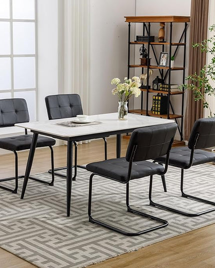 Forevich Mid Century Modern Dining Chairs Set of 2, Leather Kitchen Dining Room Side Chairs Upholstered Armless Accent Chairs with Metal Chrome Legs for Living Room, Bedroom Black - LeafyLoom