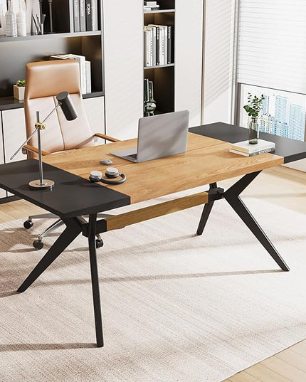 63" W Executive Desk, Extra Sturdy Thickened Wooden Workstation Study Desk Computer Desk Large Home Office Writing Desk for Home Office - LeafyLoom
