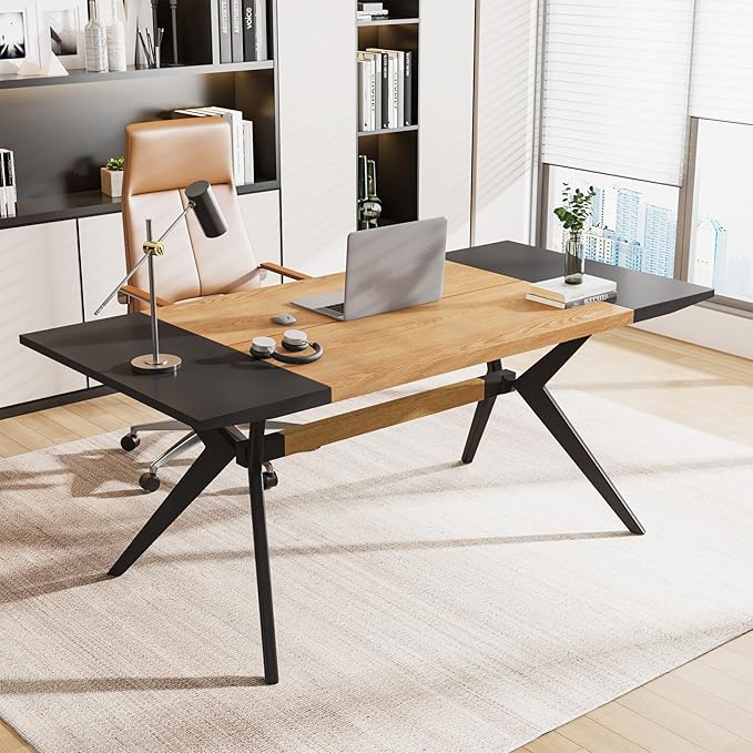 63" W Executive Desk, Extra Sturdy Thickened Wooden Workstation Study Desk Computer Desk Large Home Office Writing Desk for Home Office - LeafyLoom