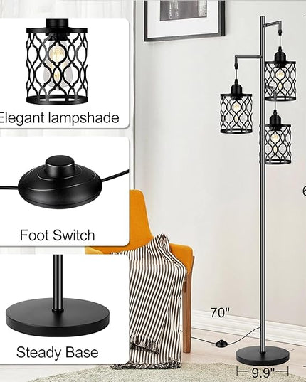 Industrial Floor Lamp, Metal Farmhouse Floor Lamp for Living Room, Rustic Standing Tall Lamp with 3 Elegant Cage Heads, Tree Floor Lamp for Bedrooms, Home Office, Bar, 68", Black, Bulb Not Included - LeafyLoom