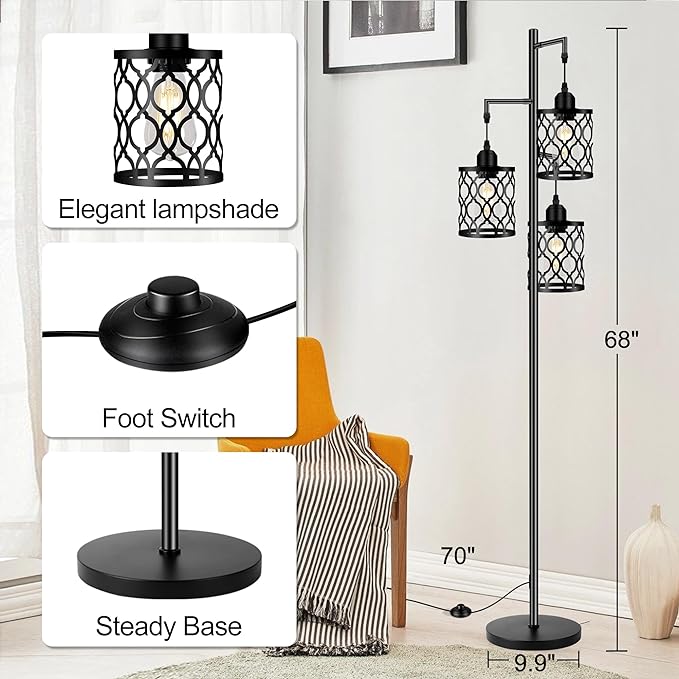 Industrial Floor Lamp, Metal Farmhouse Floor Lamp for Living Room, Rustic Standing Tall Lamp with 3 Elegant Cage Heads, Tree Floor Lamp for Bedrooms, Home Office, Bar, 68", Black, Bulb Not Included - LeafyLoom