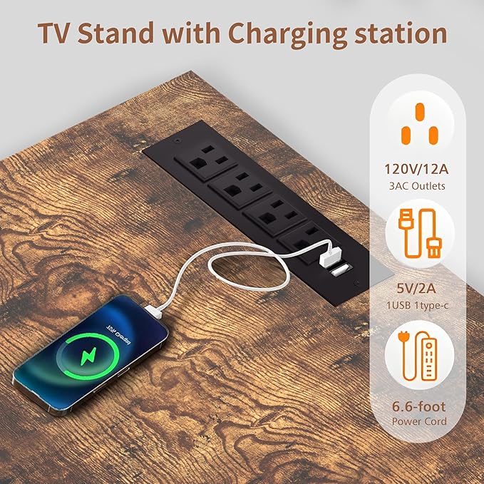 VECELO LED TV Stand with Lights & Power Outlet for 65 inch Gaming Entertainment Center with 7 Open Storage Shelves, Industrial Television Cabinet for Living Room, Bedroom, Retro Brown, 65inch - LeafyLoom