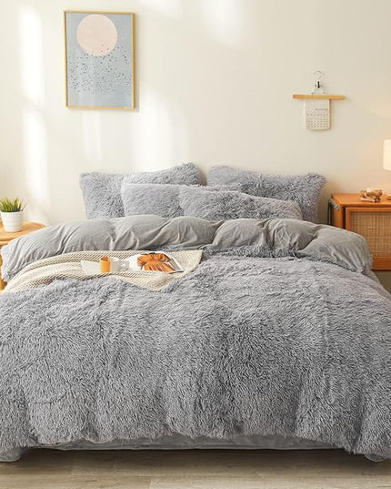 FOPPA Gray Fuzzy Plush Comforter Cover Set Queen - Ultra Soft Plush Gray Bedding Sets 3 Pieces (1 Faux Fur Duvet Cover + 2 Shaggy Pillow case) Fluffy Bed Set (Gray, Queen) - LeafyLoom