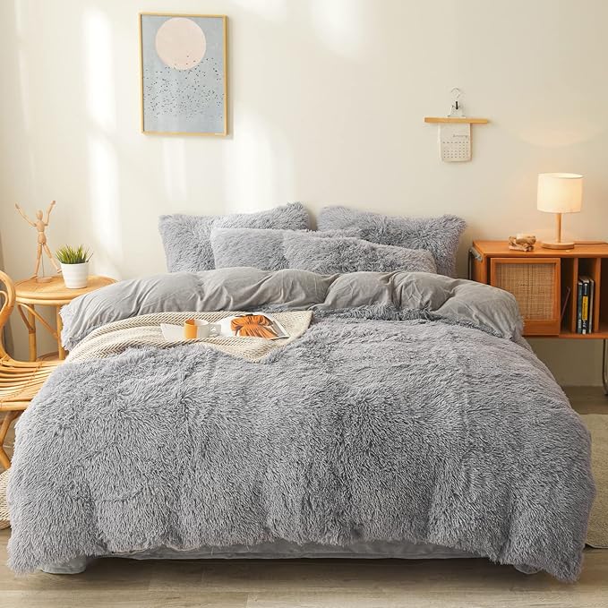 FOPPA Gray Fuzzy Plush Comforter Cover Set Queen - Ultra Soft Plush Gray Bedding Sets 3 Pieces (1 Faux Fur Duvet Cover + 2 Shaggy Pillow case) Fluffy Bed Set (Gray, Queen) - LeafyLoom