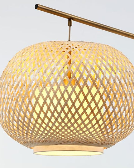 FOS - Modern Bohemian Chic Arch Floor Lamp with Woven Bamboo + Linen Shade - Brushed Brass Finish, Ambient Home Lighting in Living Room, Bedroom, Study, Nursery - LeafyLoom