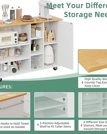 Shintenchi 47”W Kitchen Storage Island Cart with 6 Open Shelves and 1 Cabinet, Portable Trolley Cart with Wood Work Top and Handle/Towel Rack, White - LeafyLoom