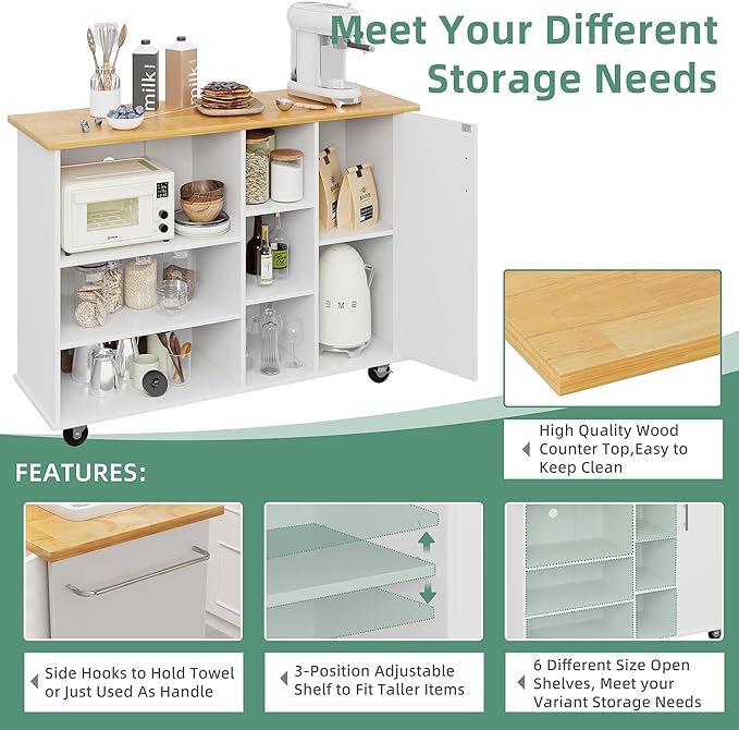 Shintenchi 47”W Kitchen Storage Island Cart with 6 Open Shelves and 1 Cabinet, Portable Trolley Cart with Wood Work Top and Handle/Towel Rack, White - LeafyLoom
