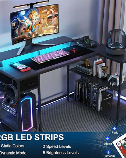 L Shaped Gaming Desk with Power Outlet & LED Light, 47 inch Reversible L Shaped Desk, Gaming Desk with Hook & Monitor Stand, Computer Desk with Drawer and Shelves for Home Office Bedroom - LeafyLoom