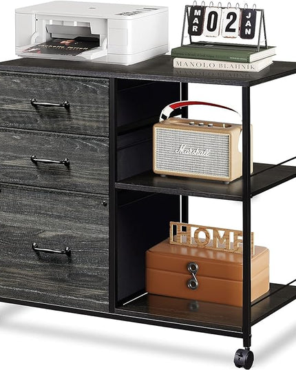 DEVAISE 3 Drawer Mobile File Cabinet, Rolling Printer Stand with Open Storage Shelf, Fabric Lateral Filing Cabinet fits A4 or Letter Size for Home Office, Charcoal Black Wood Grain Print - LeafyLoom