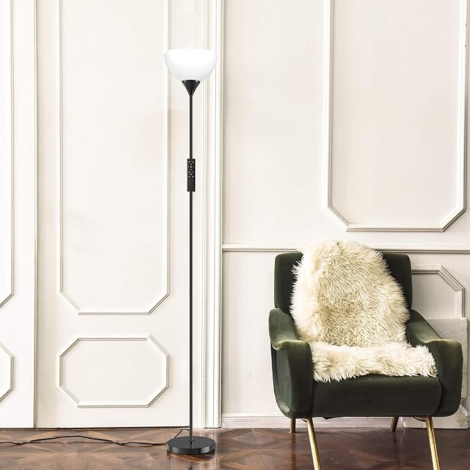 PESRAE Floor Lamp, Remote Control with 4 Color Temperatures, Torchiere Floor lamp for Bedroom, Standing Lamps for Living Room, Bulb Included (Glossy Black) - LeafyLoom