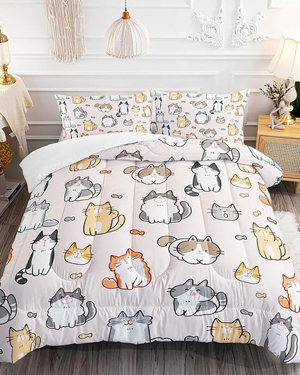 Kids Cute Cat Comforter Set Full Size 3Pcs Cartoon Pet Cat Fishing Bedding Set Lovely Animal Quilt Bed Set for Children Girls Boys Room Decor - LeafyLoom