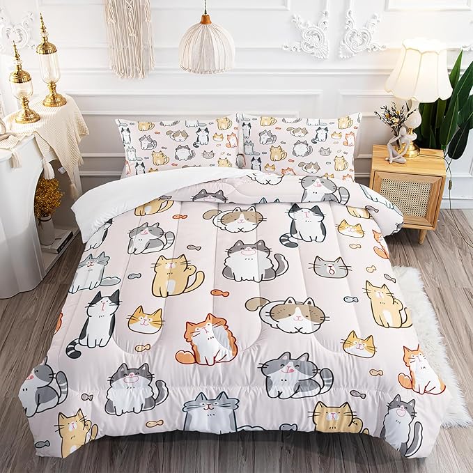 Kids Cute Cat Comforter Set Full Size 3Pcs Cartoon Pet Cat Fishing Bedding Set Lovely Animal Quilt Bed Set for Children Girls Boys Room Decor - LeafyLoom