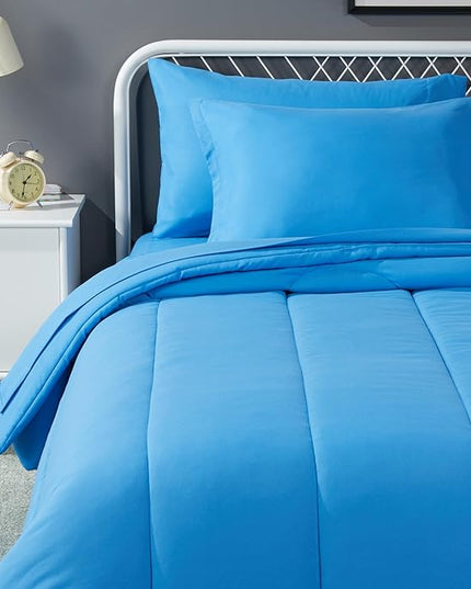 Amazon Basics 5 Piece Microfiber Kid's Bed-in-a-Bag Bedding Set, Twin, Blue, Solid - LeafyLoom