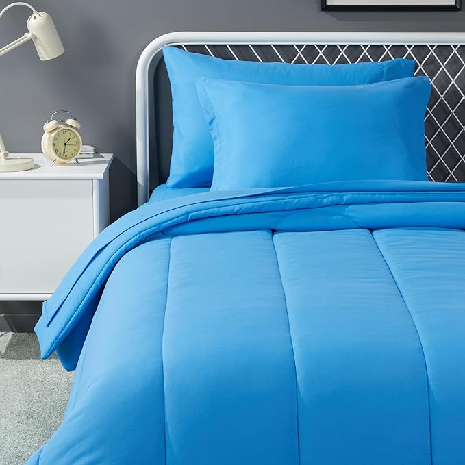 Amazon Basics 5 Piece Microfiber Kid's Bed-in-a-Bag Bedding Set, Twin, Blue, Solid - LeafyLoom