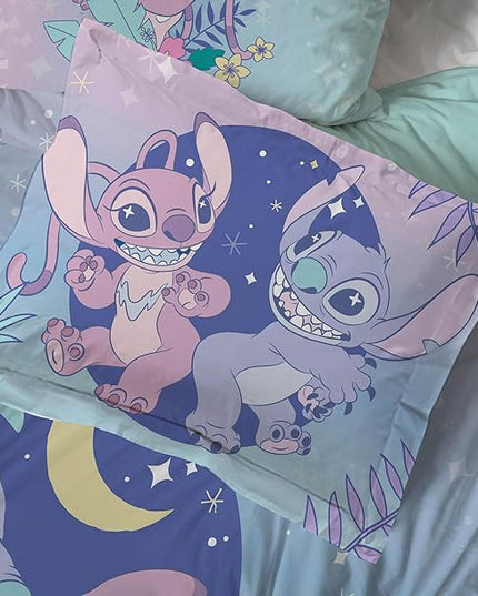 Disney Lilo and Stitch Twin Size Comforter Set - 5 Piece Floral Bedding includes Sheet Set & Pillow Covers Features Angel - Super Soft Purple & Teal Stars Kids Bedding - LeafyLoom