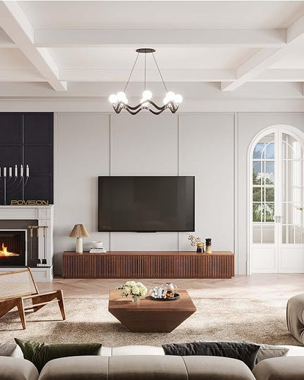 POVISON Wood TV Stand, 118” Extra-large Entertainment Center for 100 inch TV, Modern Living Room Media Console with Storage, Farmhouse Slatted Solid Ash Low Cabinets - LeafyLoom