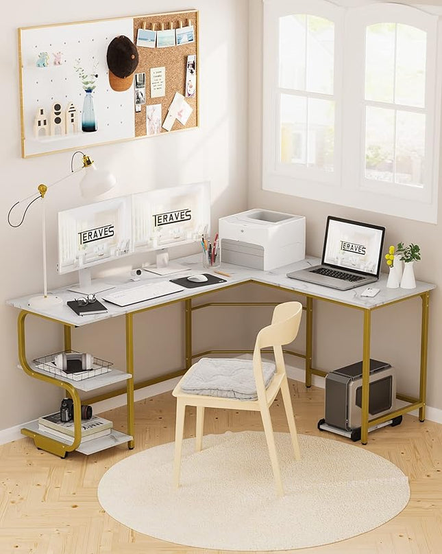 Teraves Reversible L Shaped Desk with Large Surface, 69 Inch Sturdy Corner Desk with Storage Shelves, Premium Office Computer Desk Workstation for Home Office Gaming - LeafyLoom
