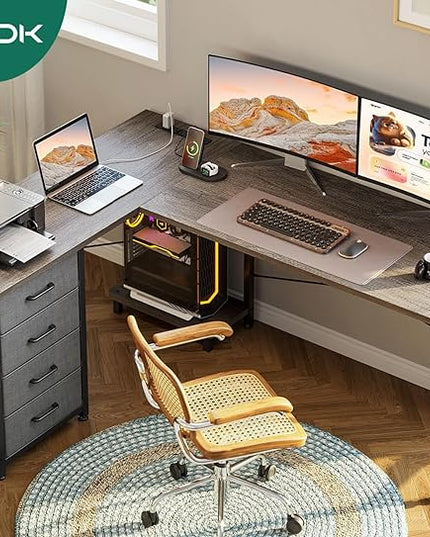 AODK L Shaped Desk with 4 Tier Drawers, 53" Reversible Gaming Desk with Power Outlets, L Shaped Computer Desk with USB Charging Port and Host Stand, Home Office Corner Desk, Easy to Assemble, Grey Oak - LeafyLoom