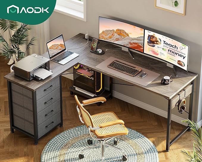 AODK L Shaped Desk with 4 Tier Drawers, 53" Reversible Gaming Desk with Power Outlets, L Shaped Computer Desk with USB Charging Port and Host Stand, Home Office Corner Desk, Easy to Assemble, Grey Oak - LeafyLoom