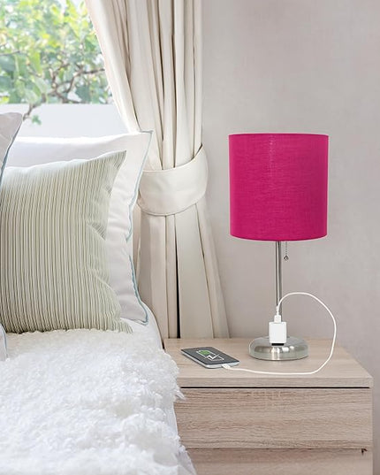 Simple Designs LT1144-PNK Sleek and Slender Brushed Steel Table Lamp with Charging Outlet, for Bedroom, Living Room, Entryway, Office, Dining Room, Study, Pink Shade - LeafyLoom