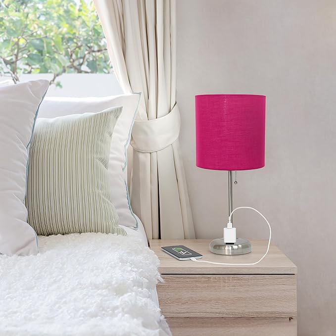 Simple Designs LT1144-PNK Sleek and Slender Brushed Steel Table Lamp with Charging Outlet, for Bedroom, Living Room, Entryway, Office, Dining Room, Study, Pink Shade - LeafyLoom