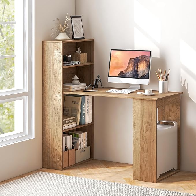 Computer Desk with Shelves, Natural - LeafyLoom