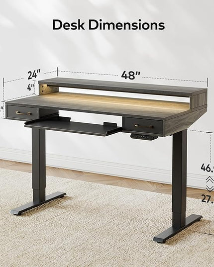 FEZIBO 48 x 24 Inch Height Adjustable Electric Standing Desk with Double Drawers&Keyboard Tray, Stand Up Desk with LED Strips, Sit Stand Desk with Monitor Stand, Rustic Grey - LeafyLoom