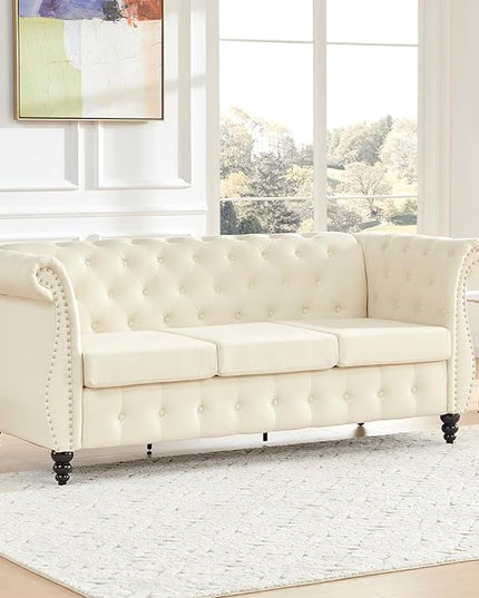 Tbfit Chesterfield Sofa with Rolled Arms, Classic Button Tufted 3 Seater Couch with Nailhead Trim, Upholstered Chesterfield Couches with Gourd Wooden Legs, Linen Sofas for Living Room, Bedroom, Beige - LeafyLoom