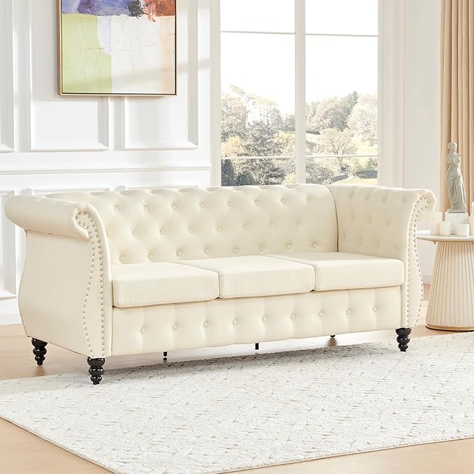 Tbfit Chesterfield Sofa with Rolled Arms, Classic Button Tufted 3 Seater Couch with Nailhead Trim, Upholstered Chesterfield Couches with Gourd Wooden Legs, Linen Sofas for Living Room, Bedroom, Beige - LeafyLoom