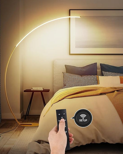 NUÜR Arc Floor Lamp, 67" Tall Gold LED Modern Standing Floor Lamp with Remote Control, Arched Bright Floor Lamps for Living Room Bedroom Office Home - LeafyLoom