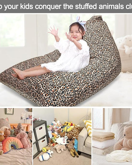 Jorbest Stuffed Animal Storage Bean Bag Chair Cover for Kids and Adults, Bean Bag Stuffed Animal Storage, Luxury Velvet Leopard Print Bean Bag Covers Only without Filling, (200L/52 Gal) - LeafyLoom