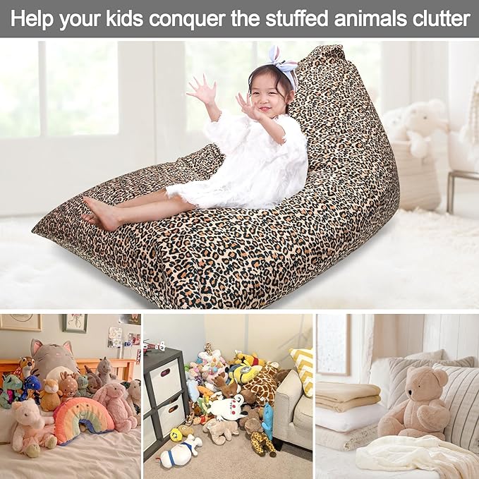 Jorbest Stuffed Animal Storage Bean Bag Chair Cover for Kids and Adults, Bean Bag Stuffed Animal Storage, Luxury Velvet Leopard Print Bean Bag Covers Only without Filling, (200L/52 Gal) - LeafyLoom
