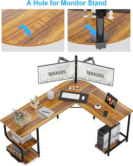 Teraves Reversible L Shaped Desk with Large Surface, 61 Inch Sturdy Corner Desk with Storage Shelves, Premium Office Computer Desk Workstation for Home Office Gaming, Teak - LeafyLoom