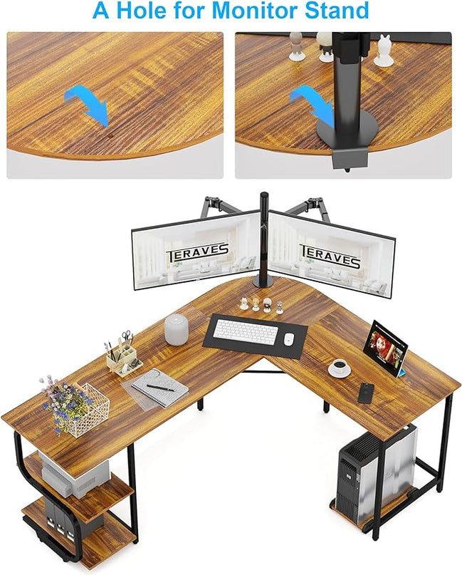 Teraves Reversible L Shaped Desk with Large Surface, 61 Inch Sturdy Corner Desk with Storage Shelves, Premium Office Computer Desk Workstation for Home Office Gaming, Teak - LeafyLoom