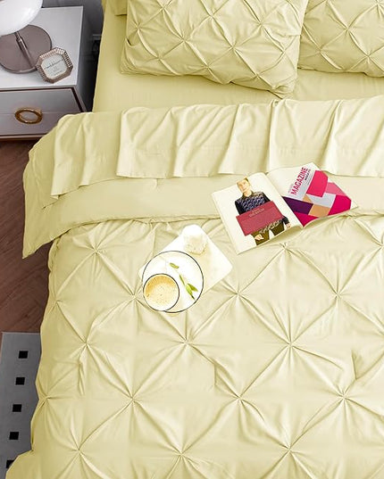 LANE LINEN Twin Comforter Set – 5 Piece Bed in a Bag – Pinch Pleated Twin Size Bedding Set with Comforter, Flat Sheet, Fitted Sheet, Pillowcase & Sham – Soft Pintuck Bed Set - Vanilla - LeafyLoom
