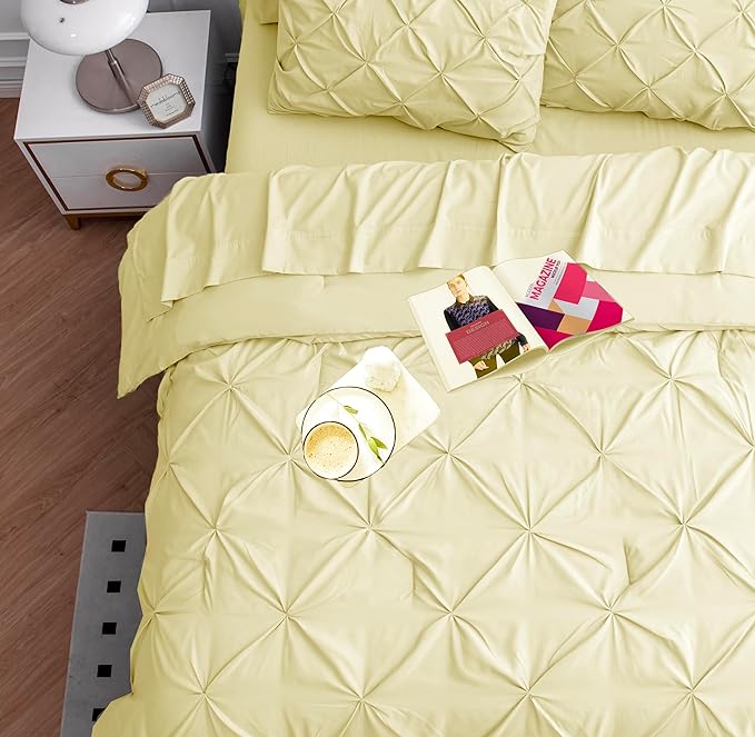 LANE LINEN Queen Comforter Set – 7 Piece Bed in a Bag – Pinch Pleated Queen Size Bedding Set with Comforter, Flat Sheet, Fitted Sheet, 2 Pillowcases & 2 Shams – Soft Pintuck Bed Set – Vanilla - LeafyLoom