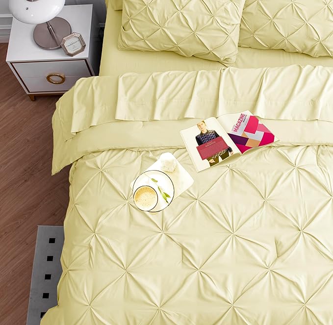 LANE LINEN King Comforter Set – 7 Piece Bed in a Bag – Pinch Pleated King Size Bedding Set with Comforter, Flat Sheet, Fitted Sheet, 2 Pillowcases & 2 Shams – Soft Pintuck Bed Set - Vanilla - LeafyLoom
