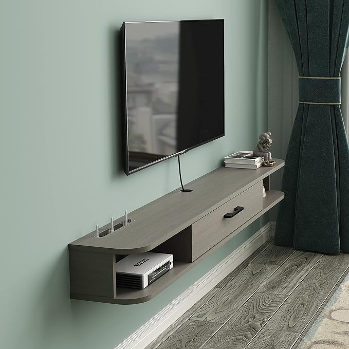 Pmnianhua Floating TV Stand,70'' Wall Mounted Floating TV Shelf for TVs up to 75 inches, Floating TV Wall Unit with Shelves for Gaming Consoles Small Spaces Apartments,Bedrooms (Light Grey Oak) - LeafyLoom