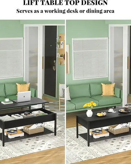 Homieasy Coffee Table, Lift Top Coffee Table with Storage Shelf and Hidden Compartment, Modern Lift Top Table for Living Room, Wood Lift Tabletop, Metal Frame - Black - LeafyLoom