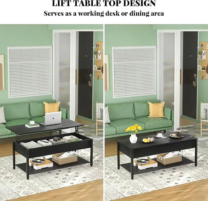 Homieasy Coffee Table, Lift Top Coffee Table with Storage Shelf and Hidden Compartment, Modern Lift Top Table for Living Room, Wood Lift Tabletop, Metal Frame - Black - LeafyLoom