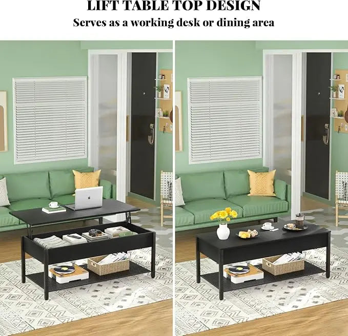 Homieasy Coffee Table, Lift Top Coffee Table with Storage Shelf and Hidden Compartment, Modern Lift Top Table for Living Room, Wood Lift Tabletop, Metal Frame - Black - LeafyLoom