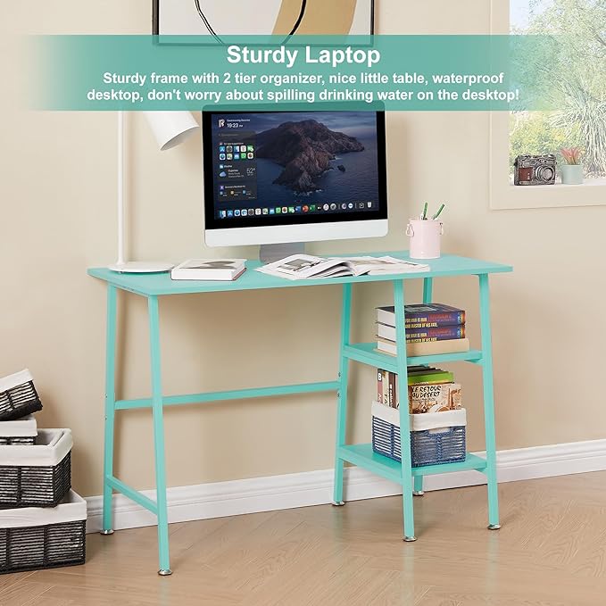 VECELO 43 Inch Computer Desk Writing Study Work Office Table Modern desk with shelves wooden desk for Home Bedroom,Blue Desk - LeafyLoom