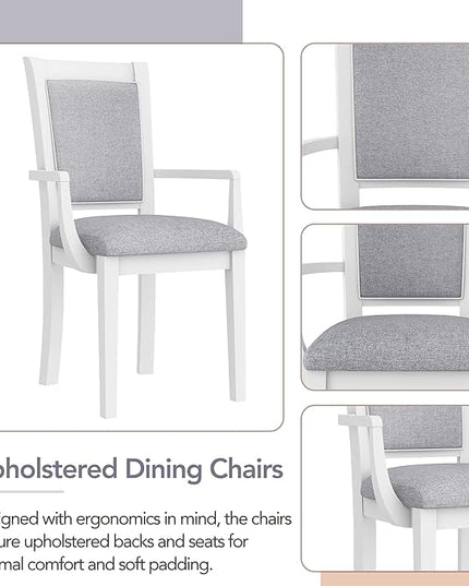 76.9 Inch Dining Table Set for 6, Extendable Dining Table Set with Removable Leaf, Kitchen Table Set with Upholstered Side Chair and Arm Chair for Dining Room, White+Grey - LeafyLoom