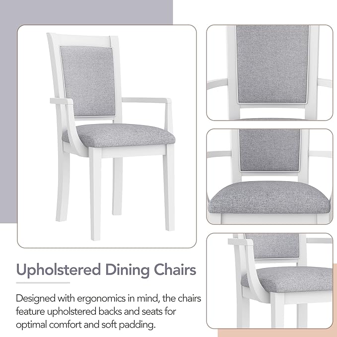 76.9 Inch Dining Table Set for 6, Extendable Dining Table Set with Removable Leaf, Kitchen Table Set with Upholstered Side Chair and Arm Chair for Dining Room, White+Grey - LeafyLoom