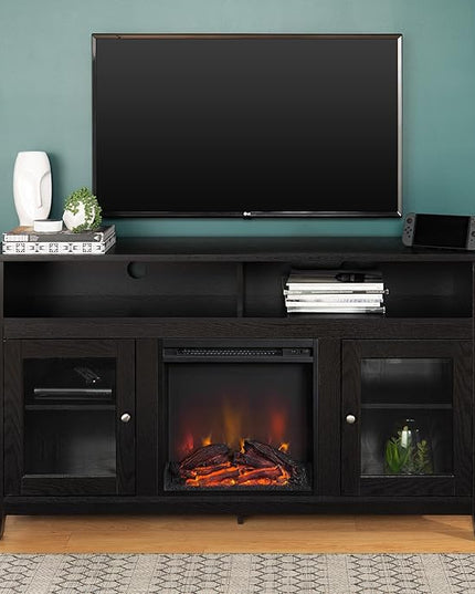 Walker Edison Glenwood Rustic Farmhouse Glass Door Highboy Fireplace TV Stand for TVs up to 65 Inches, 58 Inch, Black - LeafyLoom